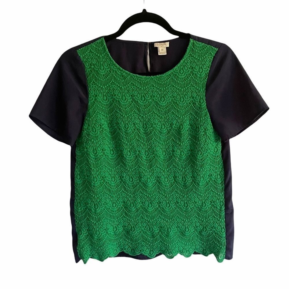J. CREW Short Sleeve Colorblock Lace Front Top T-Shirt Blouse Navy Blue Green XS